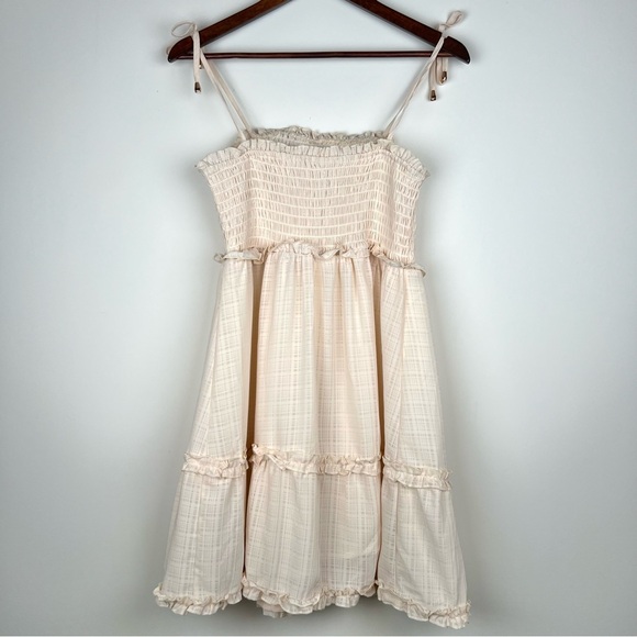 Cream Ruffle Smocked Dress Apx Size XS Boho Summer Fairycore Mini Gold Tie 0104 - Picture 2 of 7
